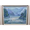 Image 1 : Framed original pallet painted mountainous river signed by artist Merrill Peck, 8" X 10"