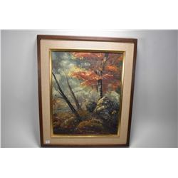 Framed original oil on board painting titled on verso "Autumn Woodside" by artist Florence Blair, 20