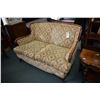Image 1 : Antique loveseat with gold brocade upholstery and decorative show wood