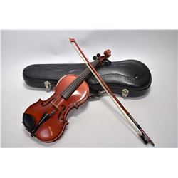 Vintage 1/8th size violin with bow in hard case labelled "Suzuki Violin Co. Ltd No. 102"