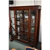 Image 1 : Antique flame mahogany display cabinet with decorative column support and full 90 degree bend glass 