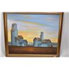 Image 1 : Gilt framed original acrylic on canvas painting of grain elevators and outbuildings signed by artist