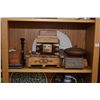 Image 1 : Shelf lot of East Asian collectibles including lidded wooden boxes, carved wooden letter organizer,
