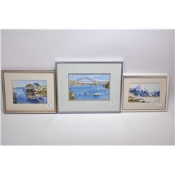 Three original watercolour paintings all water themed including titled on verso "Evening Reflections