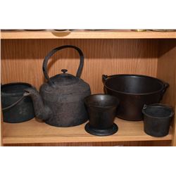 Shelf lot of vintage collectibles including frying pans, cooking pots, waffle maker, pestal, etc.