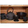 Image 1 : Shelf lot of vintage collectibles including frying pans, cooking pots, waffle maker, pestal, etc.
