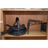 Image 2 : Shelf lot of vintage collectibles including frying pans, cooking pots, waffle maker, pestal, etc.