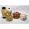 Image 1 : Selection Medalta Pottery including three lidded bean pots plus two cold painted flower vases