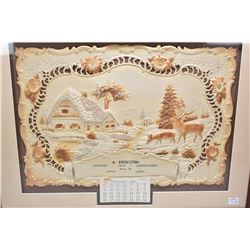 Framed 1943 calendar with pierced and embossed wildlife and cottage scene to advertise A.Krekotin Co