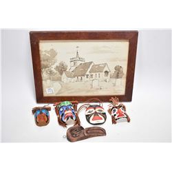 Vintage oak framed watercolour titled "Tewin Chvrch", four small painted Haida masks including "KIng