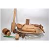 Image 1 : Selection of primitive kitchen treenware including dough bowl, butter molds, mallet, rolling pins et
