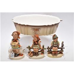 Three vintage Hummel figurines including "Be Patient", "Wayside Harmony" and "Just Resting" all earl