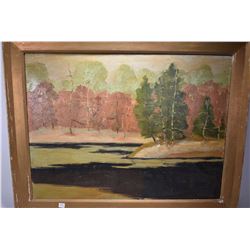 Antique gilt framed oil on canvas painting of treed shoreline, artist signed, 24" X 32"