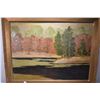Image 1 : Antique gilt framed oil on canvas painting of treed shoreline, artist signed, 24" X 32"