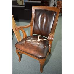 Antique oak open arm parlour chair with nail head decoration and original leather upholstery