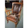 Image 1 : Antique oak open arm parlour chair with nail head decoration and original leather upholstery