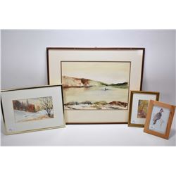 Three original watercolour paintings including stylized duck on a pond scene signed Richards, 10  X 