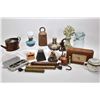 Image 1 : Selection of vintage collectibles including boxed razor, small oil lamps, bullet lighter, cow bells,