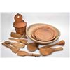 Image 1 : Selection of primitive kitchenware including three graduated wooden bowls, plus a selection of spoon