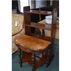 Mid 20th century matched grain walnut single drawer flat to the wall table and a four tier open book
