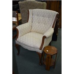 Mid 20th century upholstered parlour chair and a small oak stand