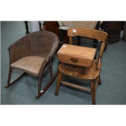 Selection of child sized antique furniture including rocking chair, side chair and step stool