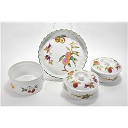 Four pieces of Royal Worcester "Evesham" including two lidded casserole dishes, large souffle dish a