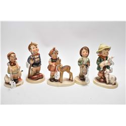 Five vintage Hummel figurines including "Be Patient", "Little Hiker", Friends", Merry Wander" and "L