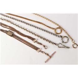 Assortment of five pocket watch chains of various lengths, two are gold filled and two nickel silver