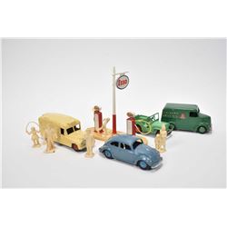 Selection of vintage Dinky Toys including Esso gas pumps and figures, Jeep, Dailmer Red Cross ambula