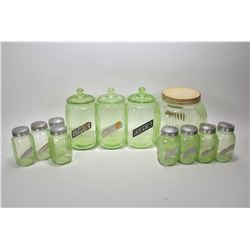 Vintage twelve piece Uranium glass canister set including three lidded "Cereal" canisters, eight spi