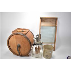 Selection of vintage kitchenware including wooden butter churn, glass butter churn "Dazey Churn Manu