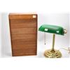 Image 1 : Vintage oak documents box with roll top lid and dove tail joining plus a brass style desk lamp with 
