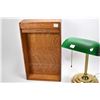 Image 2 : Vintage oak documents box with roll top lid and dove tail joining plus a brass style desk lamp with 