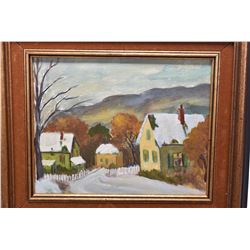 Framed acrylic on board painting of a mountainous rural setting, unsigned, 8" X 10"