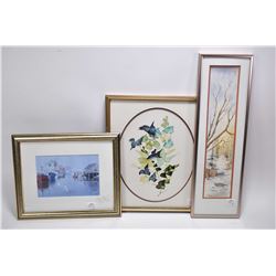 Three framed pieces of wall art including a wintery pathways watercolour signed by artist Andrew Rei