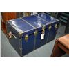 Image 1 : Blue metal steamer trunk with faux brass hardware, complete with tray