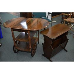 Two mid 20th century pieces of walnut furniture including drop leaf tea wagon and a side table with 