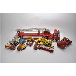 Selection of vintage stamped steel toys including 30" long Tonka ladder truck, Lincoln highway tract