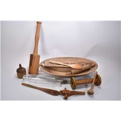 Selection of kitchen primitives including dough bowl, large mallet, spigot, rolling pins etc.