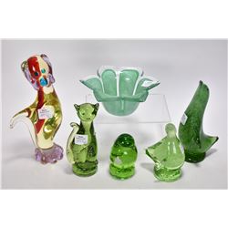 Six pieces of Alta glass including five animals and ruffled bowl, three with paper labels