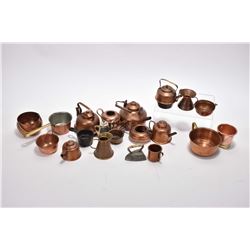 Selection of vintage copper miniatures including kettles, pots and pans