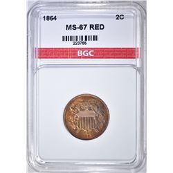 1864 LARGE MOTTO 2 CENT PIECE  BGC SUPERB GEM RED