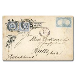 China, 1898 (Dec. 4), decorative "mailing card" sent from Twatutia to Halle, Germany, via Tamsui