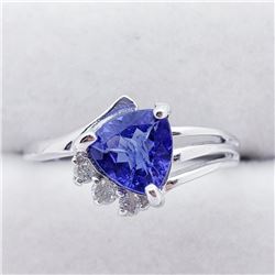 10K White Gold Tanzanite(1.1ct) 3 Round Diamonds(0.05ct) Ring (~Size 6.5)(Ring is resizable for $40)