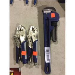 Williams Locking Pliers and 14  Pipe Wrench Lot of 3