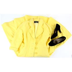 Land Girls (1998) - Yellow wool fabric coat dress with plastic flower shaped buttons and a pair of b