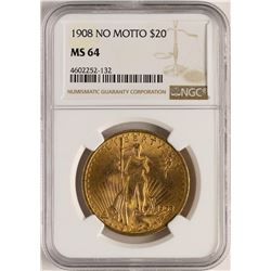 1908 $20 No Motto Saint Gaudens Double Eagle Gold Coin NGC MS64
