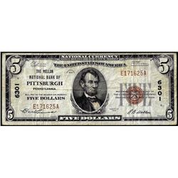 1929 $5 Mellon NB of Pittsburgh, PA CH#6301 National Currency Note