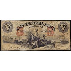 1800's $5 The Central Bank of Alabama Obsolete Note